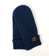 chunky navy blue acrylic mittens with fleece lining and faux leather pec oval patch prince edward county