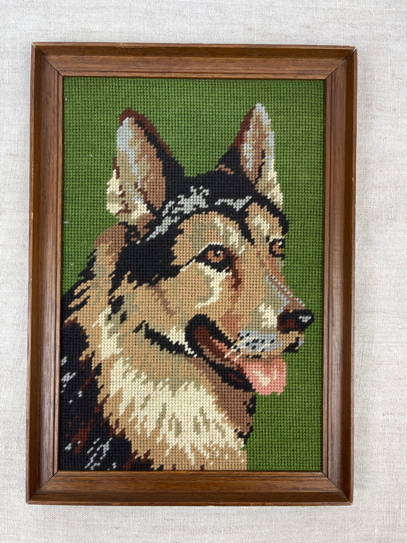 framed needlework german shepherd dog picture tapestryVintage 60's 70's German Shepherd Dog Hand Needlepoint Embroidery Work Tapestry Picture with Wood Frame
