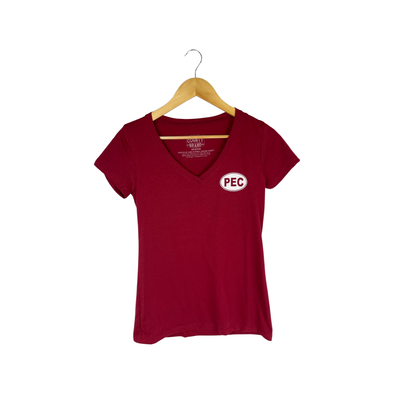 PEC Side OVAL Women's CARDINAL Red Modern V-Neck T-Shirt