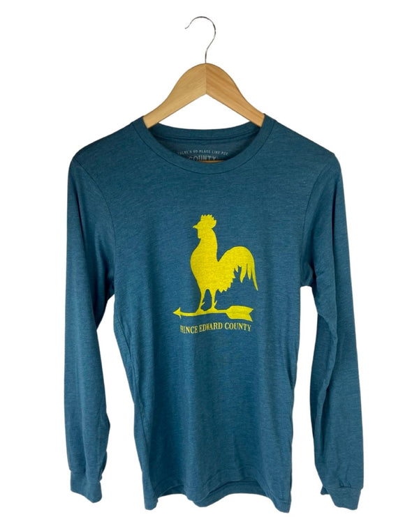 teal heather longsleeve t-shirt with yellow rooster weathervane prince edward county