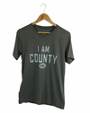 deep heather grey unisex t-shirt with i am county PEC oval