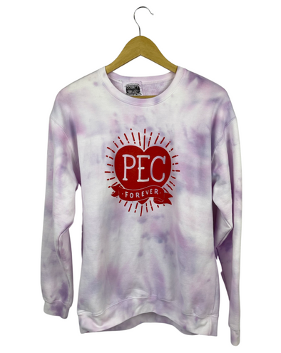 pec forever logo in red ink on purple tie dye crew fleece sweatshirt sweater
