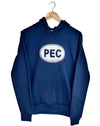 made in canada unisex navy blue hoodie fleece sweater with PEC oval Prince edward county