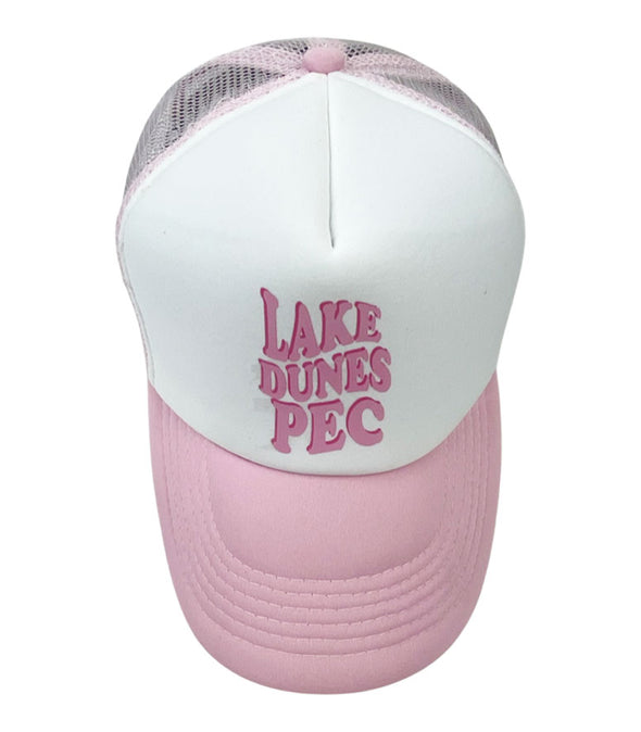 white and pink foam mesh trucker hat with lake dunes pec design in pink