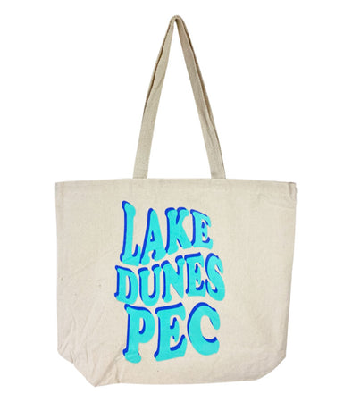 Natural large cotton tote with lake dunes pec design in blue
