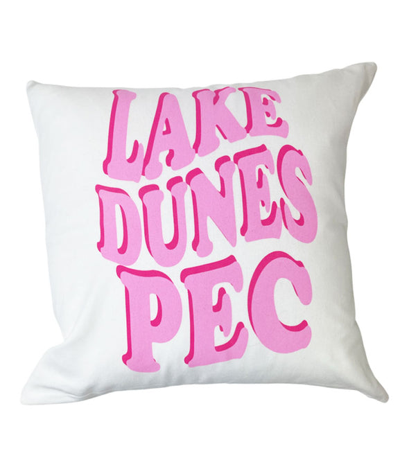 White cotton twill pillow with lake dunes pec design in pink