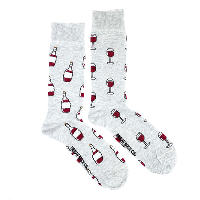 womens crew socks grey with red wine glass and bottle mismatched