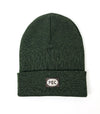 olive green merino wool made in canada beanie toque hat with faux leather pec oval embossed patch prince edward county