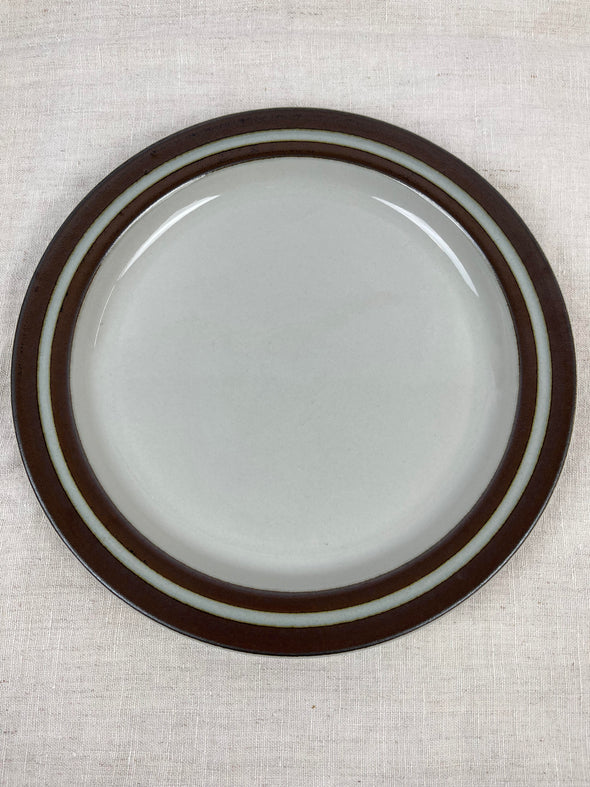 Large Round Chop Plate / Serving Platter, neutral oatmeal coloured plate with Brown Striped Bands. Marked Arabia Finland Karelia as shown. Designed by Anja Jaatinen-Winquist in the 1960's. 