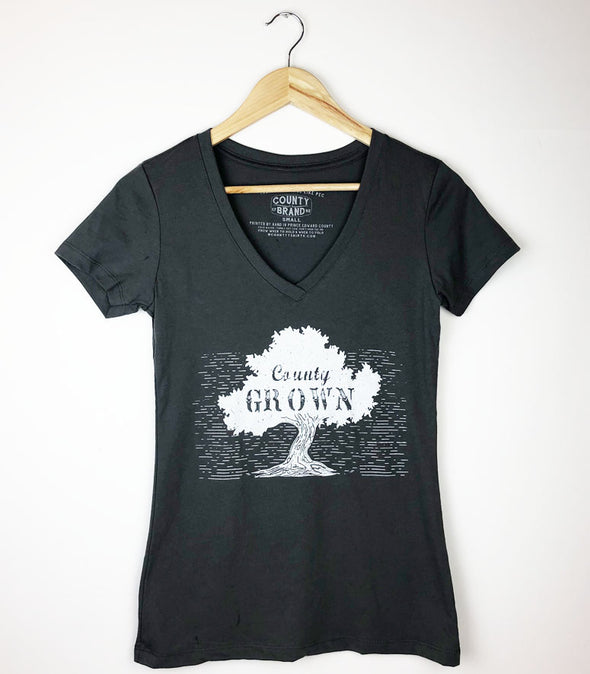 COUNTY GROWN Etched Tree Design Women's DARK GREY Modern V-Neck T-Shirt