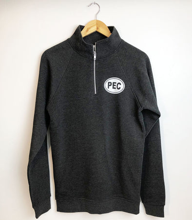 quarter zip charcoal heather with small pec oval on left chest prince edward county