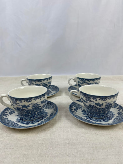 Set of 4 Churchill 'The Brook' Pattern Teacups and Saucers. Saucers - 5.5" round / Teacups 4.5" x 2.5". All in ﻿Great Condition, no cracks or chips
