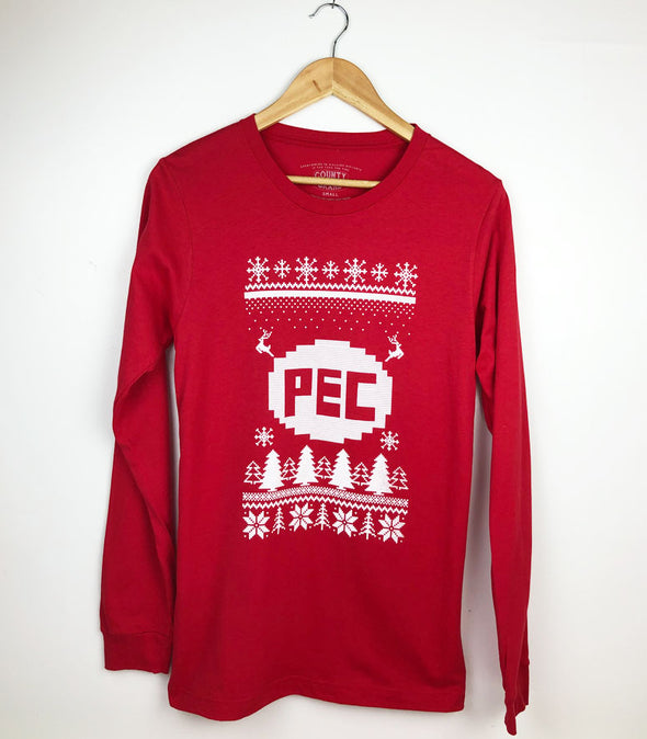 festive holiday christmas sweater pec oval design on red unisex long sleeve t-shirt prince edward county