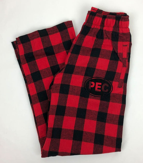 red and black buffalo plaid flannel youth pants with pec oval