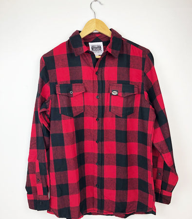 men's unisex red black flannel longsleeve shirt with faux leather black PEC oval label on left pocket prince edward county