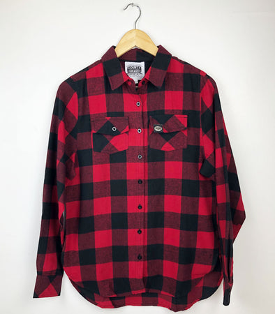 women's red black flannel longsleeve shirt with faux leather black PEC oval label on left pocket prince edward county