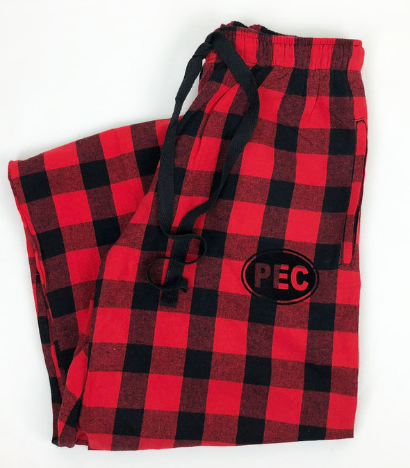 red and black buffalo plaid flannel unisex pants with pec oval
