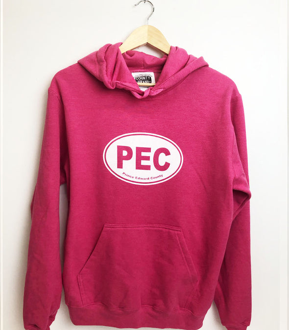 PEC oval with Prince Edward County along bottom of Fuchsia pink Heather hoodie 