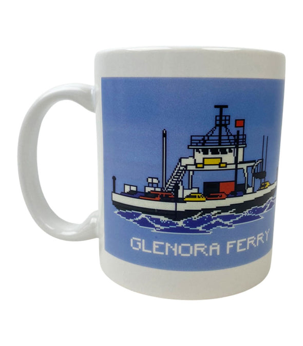 white 11 oz mug with Glenora ferry 8 Bit design