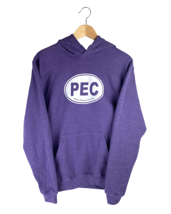 Purple Heather hoodie with white PEC oval prince edward county on front