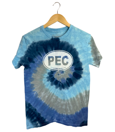 blue tie dye adult unisex t-shirt with white pec oval design