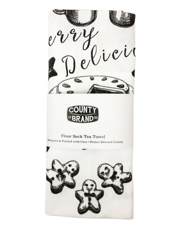 Merry Delicious treats tea towel in county brand packaging prince edward county