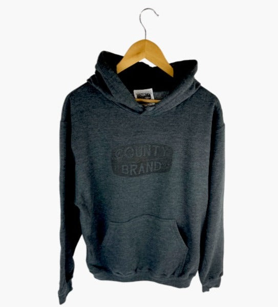 County Brand DARK HEATHER Unisex HOODIE Pullover Sweatshirt PEC w/ Black Ink