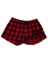 women's red black buffalo plaid shorts with PEC oval design on one leg