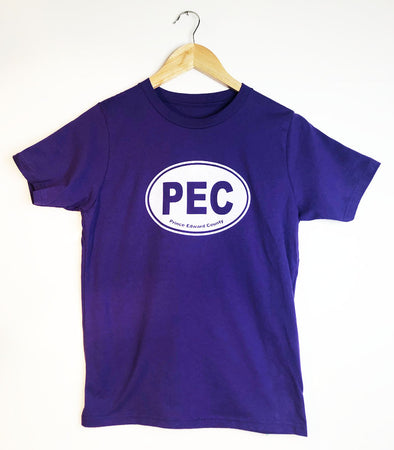 PEC oval with white ink on purple kids youth t-shirt prince edward county