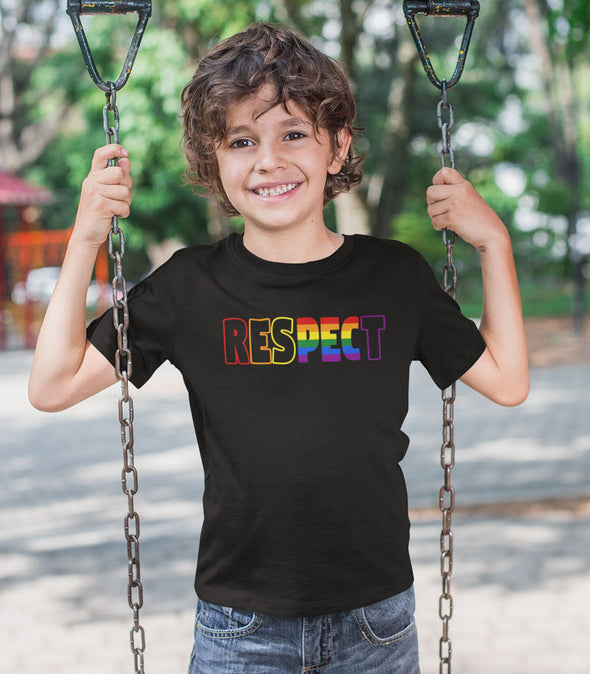 RESPECT PEC RAINBOW PRIDE Kid's Youth BLACK Modern Crew T-Shirt