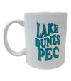 11 oz mug with lake dunes pec 80's font design in blue ink