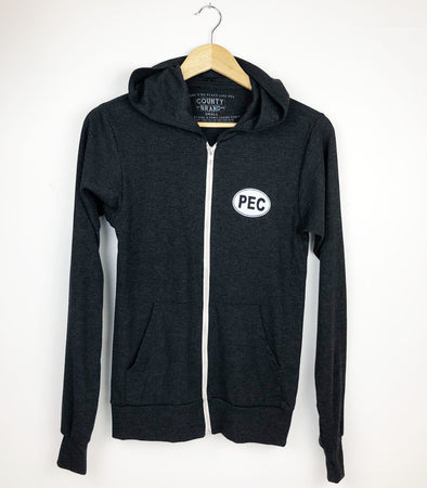 lightweight zip hoodie in charcoal black with pec oval logo on side chest