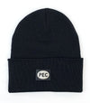 black merino blend beanie with faux leather patch made in canada 