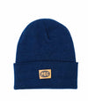 navy blue merino blend beanie with faux leather patch made in canada 
