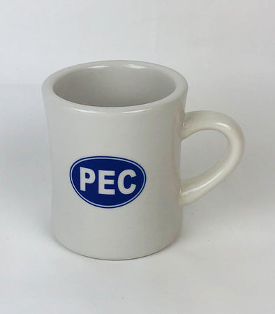 pec oval in cobalt blue on white vitrified diner restaurant ceramic mug
