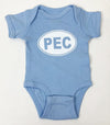 light blue baby onesie with pec oval screen-printed on front