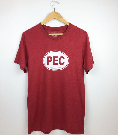 pec oval prince edward county design on red heather unisex t-shirt