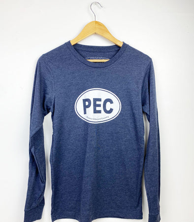 navy heather long sleeve t-shirt with pec oval prince edward county design