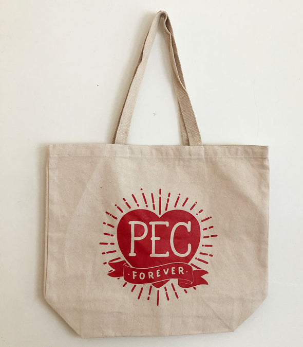 pec forever heart design in a super large canvas natural tote
