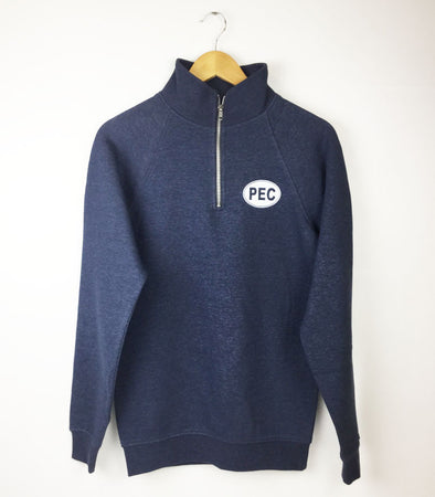 quarter zip navy blue heather with small pec oval on left chest prince edward county