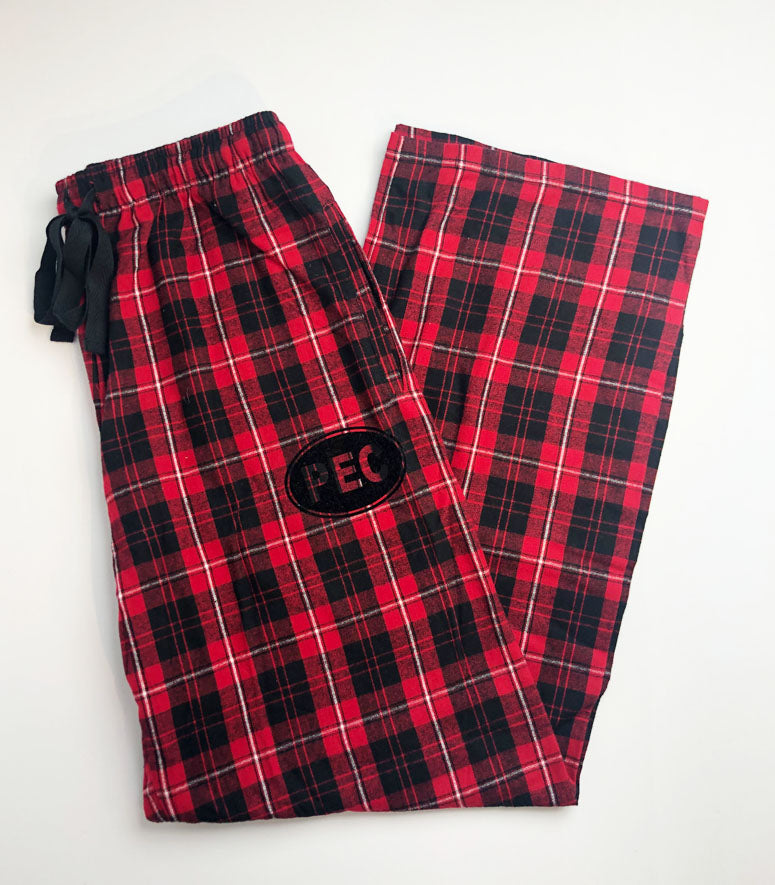 Unisex RED & BLACK Flannel Cotton Plaid Pants w/ PEC Euro Oval Prince Edward County T-Shirt Company
