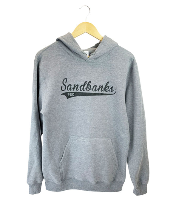 Sandbanks retro font swish design PEC on grey hoodie