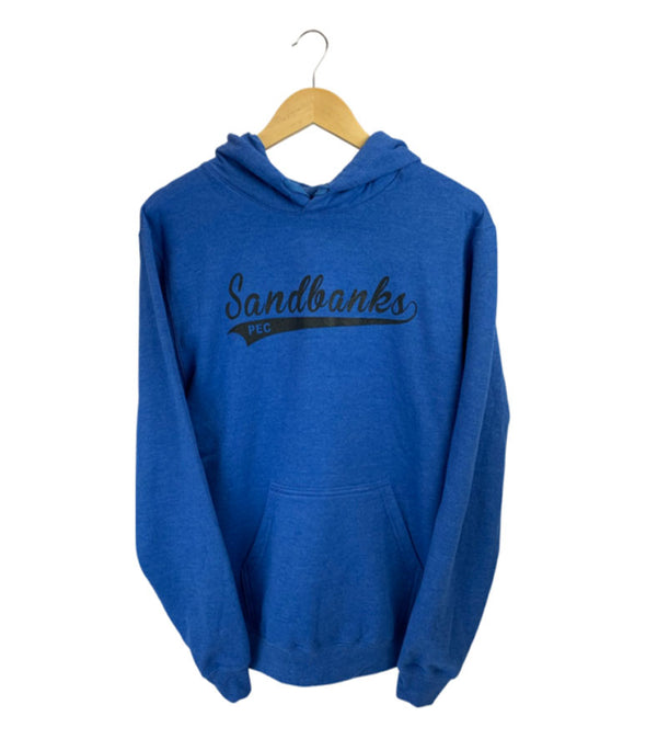 sandbanks retro font PEC royal blue heather hoodie