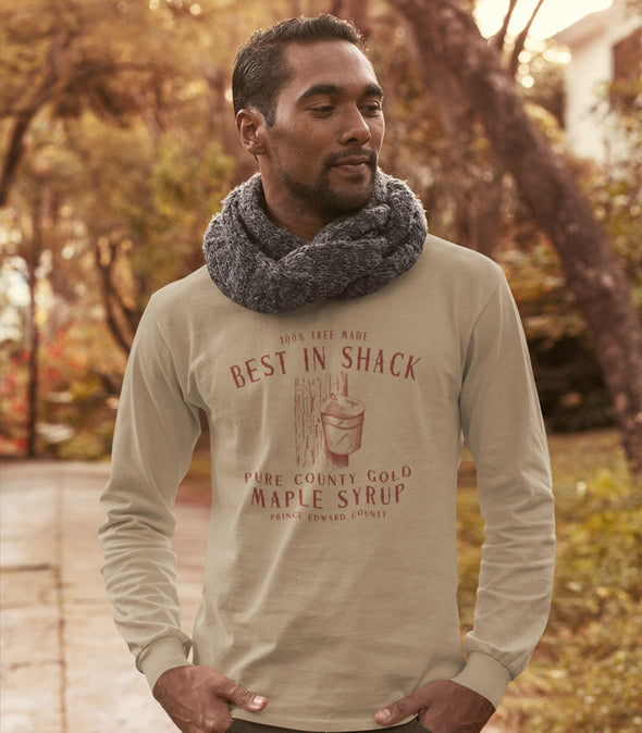 man wearing stone colour longsleeve t-shirt with Best in Shack Maple Syrup Prince Edward County Design 