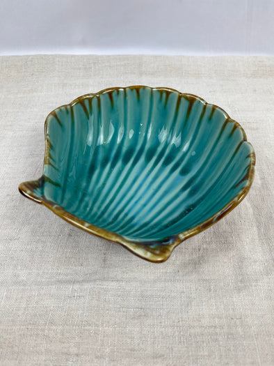 Vintage Aqua Blue Ceramic Glazed Clam Shell Scalloped Dish Bowl Beachy Boho