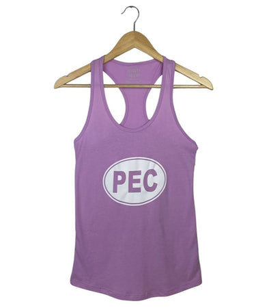 lilac purple women's racerback tank top with white PEC Oval Prince Edward County