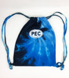 blue tie dye fleece cinch drawstring knapsack bag with screenprinted white PEC Oval Prince Edward County 