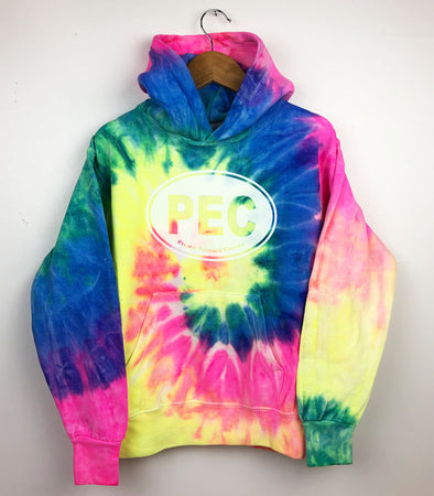 neon rainbow kids youth tie dye hoodie with pec oval design