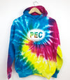bright blue red reactive rainbow tie dye youth hoodie with pec oval