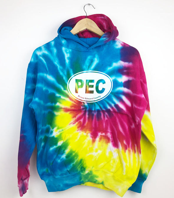 bright blue red reactive rainbow tie dye youth hoodie with pec oval